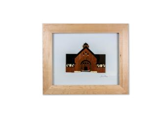 the use of wood to create an image of a barn