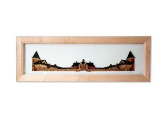 panoramic view of a farm barn made out of wood within a wood shadow box