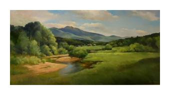 An oil painting of Mount Mansfield from the viewpoint of a grassy field. An image of a stream leading to the mountain as well as surrounding green trees.