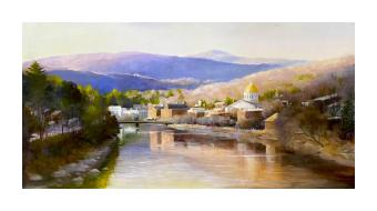 An oil painting of Montpelier and the Vermont mountains reflecting on the Winooski River