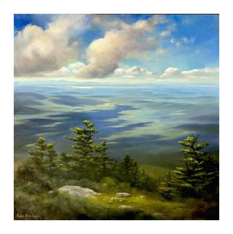 An oil painting of the view of Vermont from a summit emphasizing the colors of blue, green, and white.