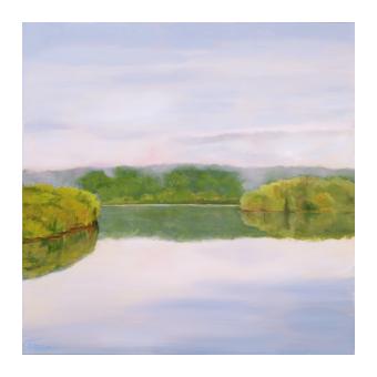 oil on canvas of a water cove surrounded by greenery and fog