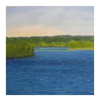 oil on canvas of a water cover surrounded by greenery.