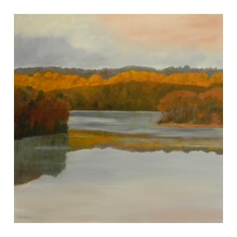 oil on canvas of a water cove surrounded by foliage trees.