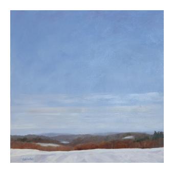 oil on canvas of snowy field and mountains in the distance.