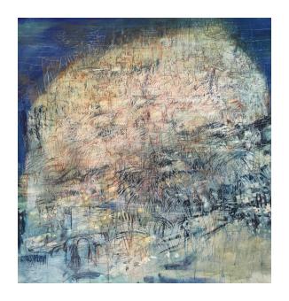 woodcut drawing on paper abstract blue and tan 