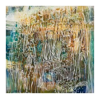 acrylic abstract painting of colors and thinner white lines over top