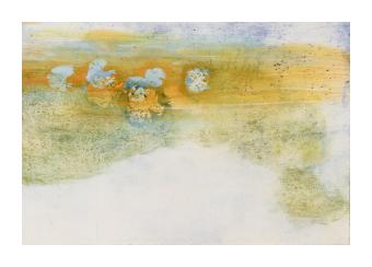 acrylic abstract painting with colors of yellows, blues, greens, and whites