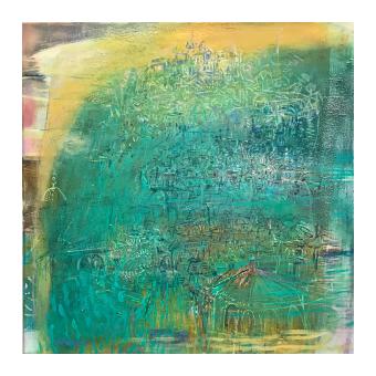 acrylic, abstract painting of greenish blue with surrounding yellow