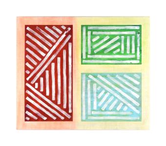 mixed media, abstract, three rectangles with lined patterns, red, green, and blue