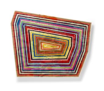 mixed media, repeating lines layered in a colorful, geometric shape
