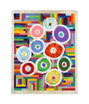 mixed media, colorful circles against a colorful squared pattern