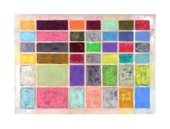 mixed media, repeating colorful rectangles of different sizes