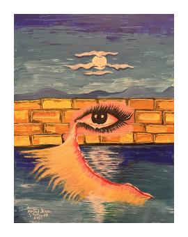 acrylic on canvas abstract painting of a sky and ocean and a central eye