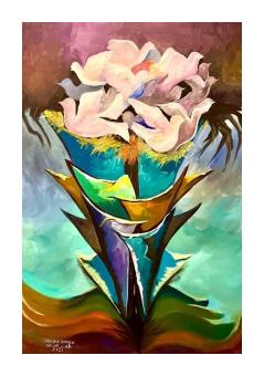 acrylic abstract colorful painting of organic shapes holding doves