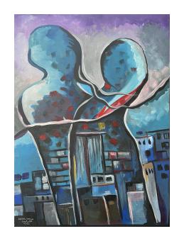 acrylic on canvas, conceptual piece, two people against cityscape