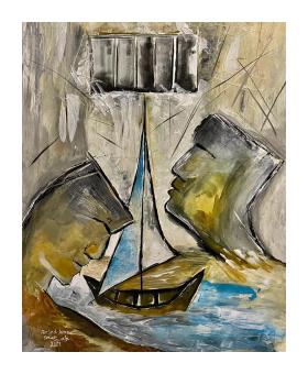 acrylic on canvas of a conceptual piece with two people and a sailboat