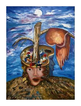 acrylic on canvas, conceptual, surrealist, a person's face against a sky