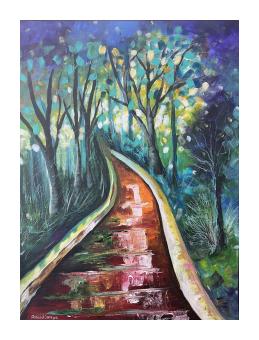 acrylic, abstract painting of a path through trees
