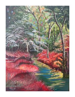 acrylic on canvas of trees and plants with water going through