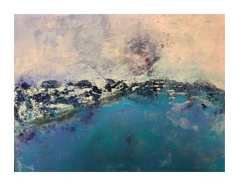 abstract, acrylic painting of whites, blues, and blacks