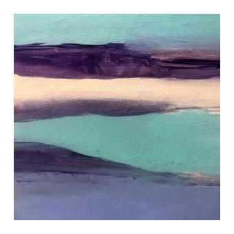 abstract acrylic painting of shapes of purples, blues, greens, and whites to appear as water landscape.