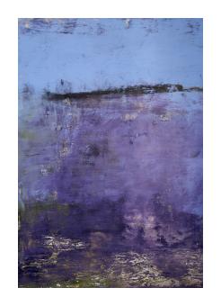 abstract acrylic painting of purples, blues, and blacks in a scraped pattern.