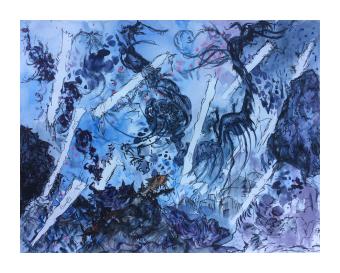abstract watercolor painting of organic objects and creatures with the use of blues and purples