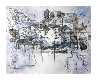 abstract pen and watercolor painting of organic crossing lines and the use of greys and blue