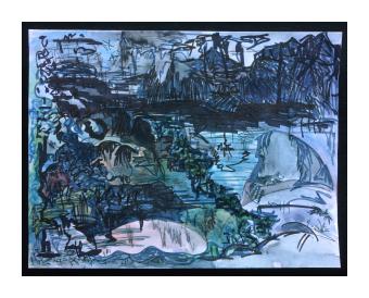abstract watercolor painting of blues, purples, and greens describing a seascape.