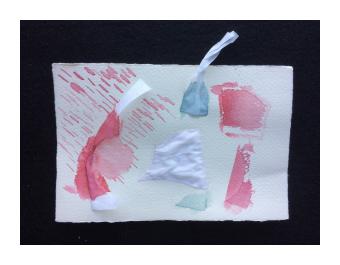 abstract drawing of gansai tambi and fabric on paper of organic shapes that are red, blue, and purple.