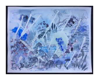 abstract ink and watercolor painting of organic shapes with colors of blue, purples, and greys