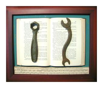 webster_sharon_wrenched_2005_12_in_x_16_in_x_3_in_old_books_antique_wrenches_nails_mahogany_frame500.jpg