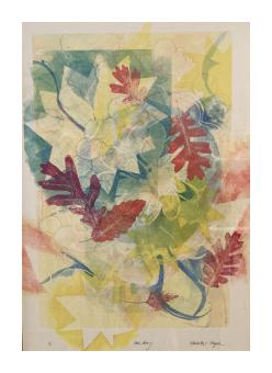 Image of leaves in purples, oranges, blues, and yellows.