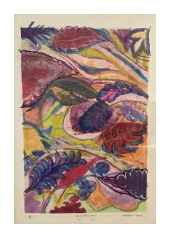 Image of various different shaped foliage in blue, orange, green, red, and purple. 