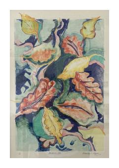 Image of leaves in blues, yellows, and light seafoam green.