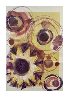 Image of abstract space shapes in purple and orange on a yellow background. 