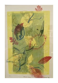 Image of twisting vines and leaves in red, purple, yellow, on a yellow & olive green background. 