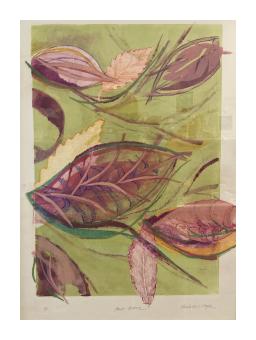 Image of leaves done in purple on an olive green background.