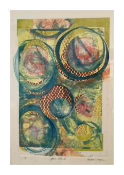 Image of bubbles done in blues with textile patterns in purple on an olive green background. 