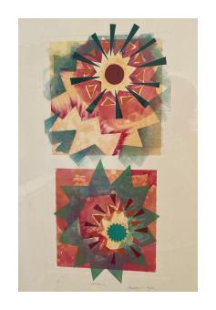 Two images of abstract sun shapes in oranges, yellows, and blues.