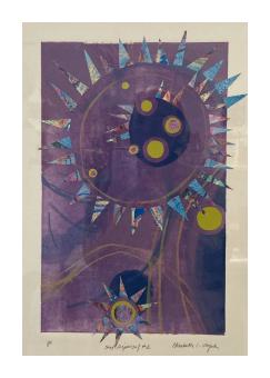 Image of abstract sun and universe shapes in purples, blues, and yellow.
