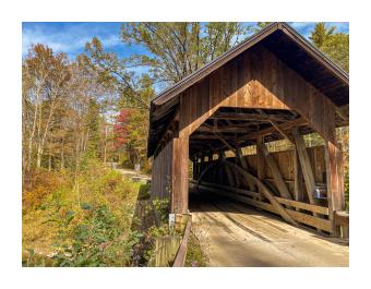 Photograph of a covered bridge in autumn tones.