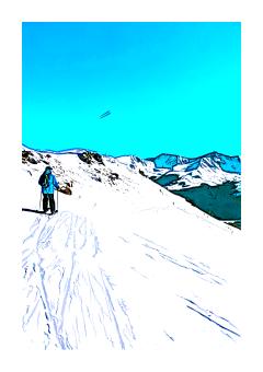 Horizontal photograph of a high ski path, with a skier ahead of the photographer. Sky is fluorescent blue.