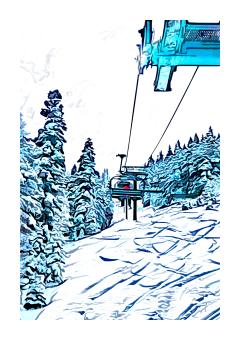 Photograph from below a ski lift, depicting the line and the trees on either side. Everything is in shades of deep blue, fluorescent blue, or white. 