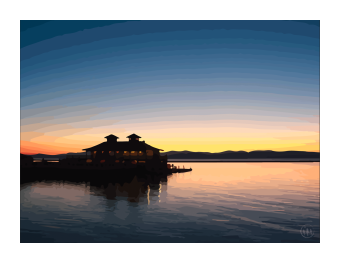Image depicting a boathouse on the lake, done in subtle shade changes from orange to blue. 