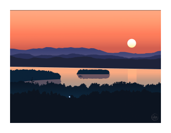 Scenery on a lake where forestry is colored in deep greens and blues while the lake and sky are orange tones. 