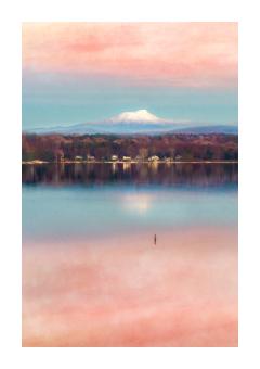 photography of reflection of skyline in lake surface in pastel pinks and blues