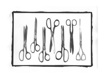 B&W photo of a series of unique pairs of scissors.