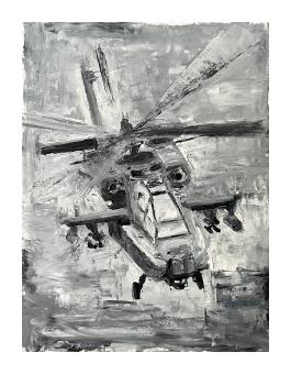 Oil painting of a top-down view of an Apache helicopter in flight, done in monochrome blacks and whites. 